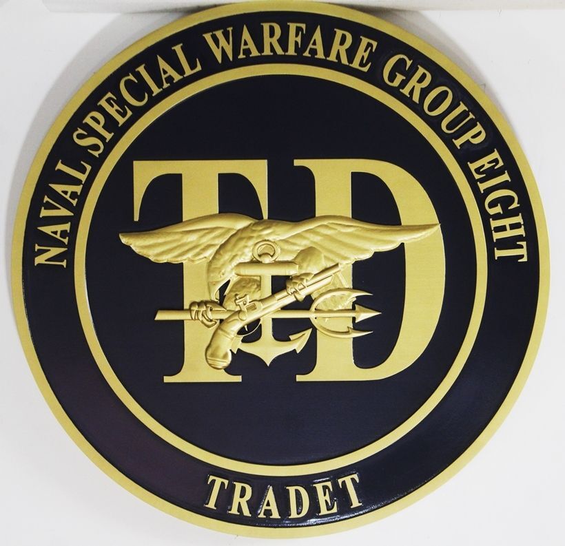 JP-1777 - Carved 3-D Bas-Relief Plaque of the Crest of Naval Special Warfare Group Eight, Training Detachment (TRADET)