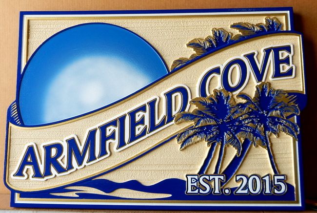 L21136 -Sign for Cove with Sun, Palm Tree and Ocean
