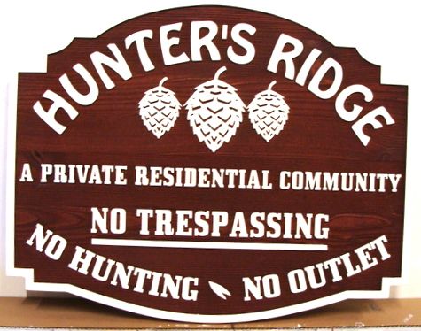 K20155 - Carved Cedar Residential Community Sign, "Hunters Ridge", with Pinecones