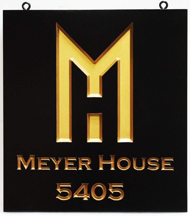 I18767- Carved HDU  Property Name and Address Number Sign,   "Meyer House", with 24K Gold-leaf Gilded Art and Text  