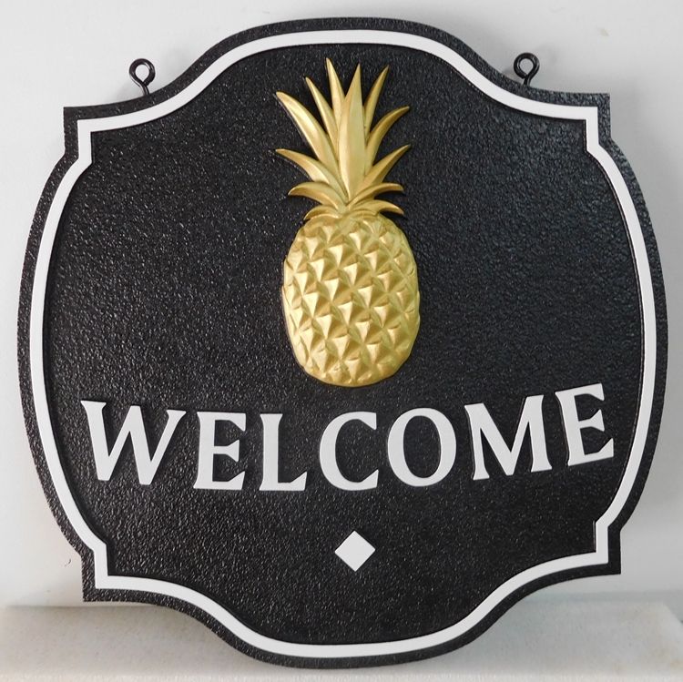 L21806 - Carved and Sandblasted Welcome Sign for Coastal Residence, with 3-D Pineapple