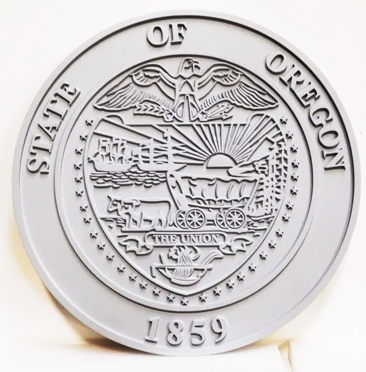 BP-1466- Carved Wall Plaque of the Great Seal of  the State of Oregon, 2.5-D Raised Outline Relief, Painted Gray