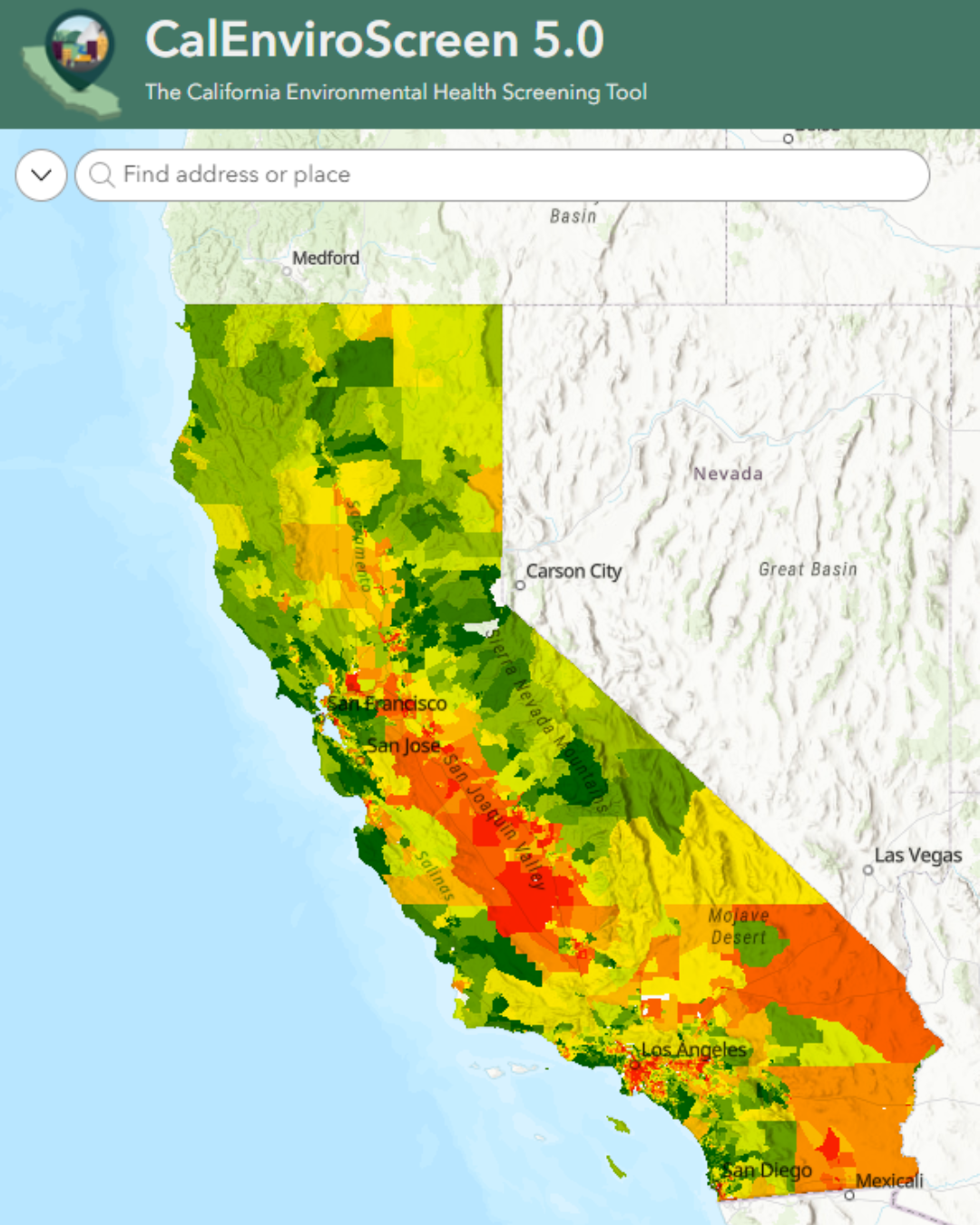 A screenshot of the user interface of the CalEnviroScreen 5.0 Map, which is color coded to reflect the concentration of various pollutants across California.