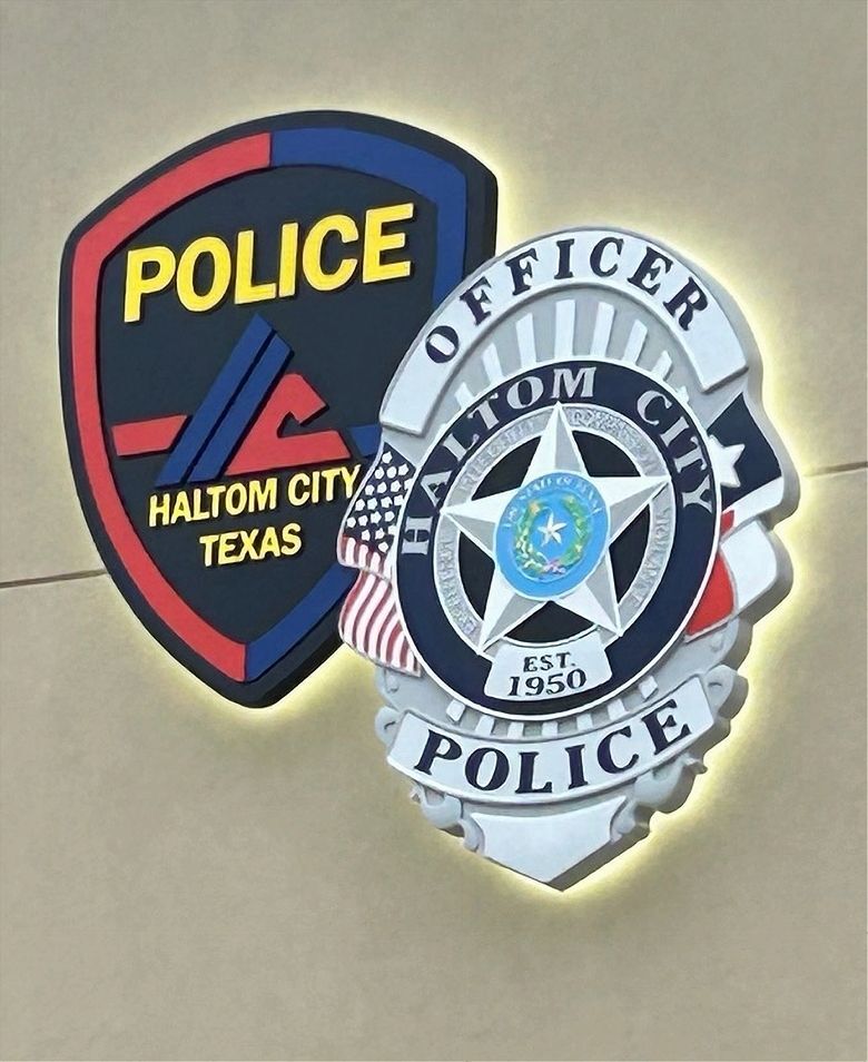 PP-1936 - Carved 2.5-D Multi-Level  Plaque of the  Badge and Shoulder Patch of the Police of Haltom City, Texas