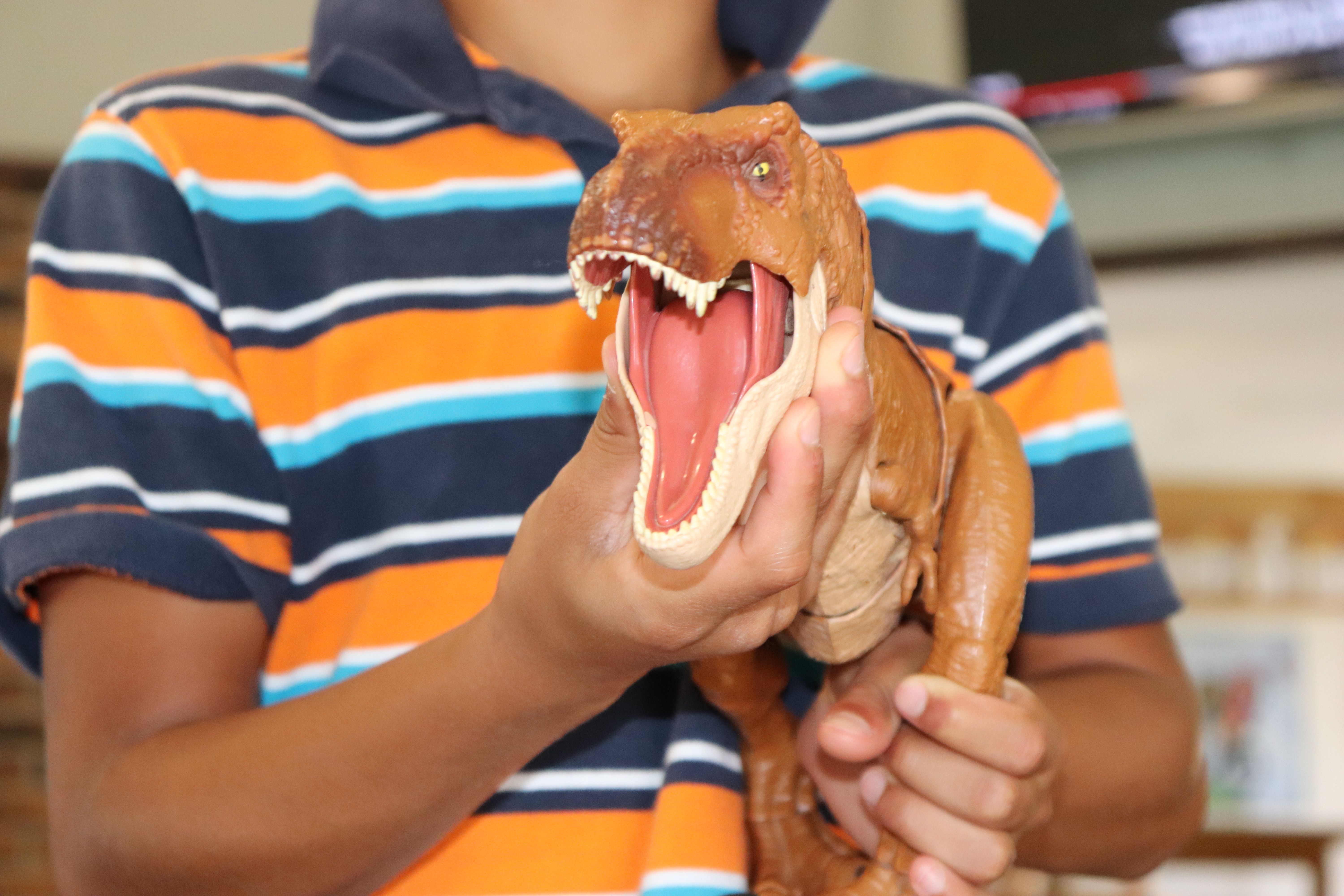 “A boy at The Genesis Project holds a toy dinosaur, reflecting play, healing, and childhood restored.”