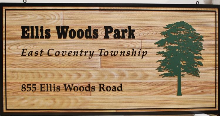 GA16418 - Carved High-Density-Urethane (HDU)  Sign for  Ellis Woods Park, East Coventry Township 2.5-D Artist-Painted, with Faux Wood Grain Background