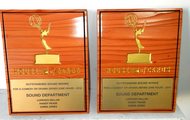 SB28998 - Carved and Engraved  Redwood Plaques for Awards for Sound Mixing  for the "House of Cards" TV Show.