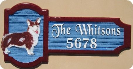 I18618 -Residence Name Sign, with Carved Corgi Dog