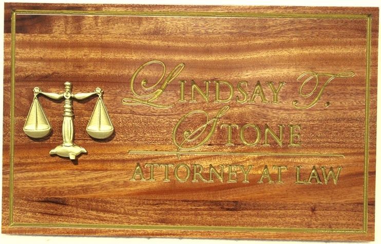 A10338 - Carved  Mahogany  Sign for Lindsey Stone, Attorney at Law, with Engraved Text and a 3-D Bas-Relief Scales of Justice