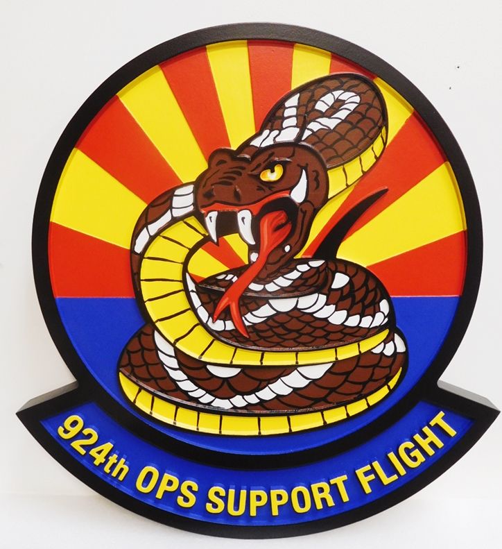 LP-4385 - Carved Round Plaque of the Crest of the 92nd Ops Support Flight, Artist-Painted with a Coiled Rattlesnake as Artwork 