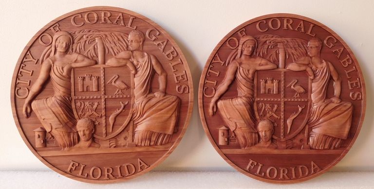 X33005 - Carved 3-D Mahogany plaques featuring  the Seal of the City of Coral Gables, Florida