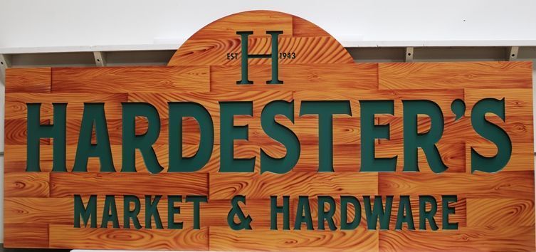M1874 - Engraved Multiple Plank   Faux Wood Grain HDU Sign for Hardester's Market and Hardware 