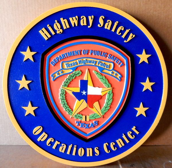 PP-2320 - Carved  Wall Plaque of the Shoulder Patch of the Texas Highway Patrol Operations Center,  Texas, Artist Painted