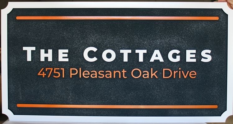 K20434 - Carved High-Density-Urethane (HDU)  Entrance and Address Sign for "The Cottages"  Residential Community