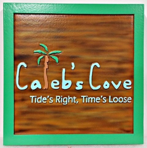 L21053A - Carved and Sandblasted 2.5-D HDU Property Name Sign "Caleb's Cove" with Palm Tree Artwork