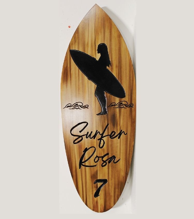 WW8212 - Engraved Teak Wood Address Sign  featuring a Woman Surfer with Surfboard