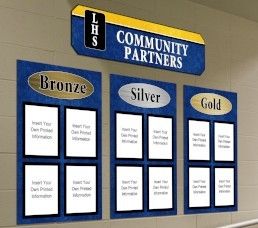 Community partner signs, custom signs with three levels, paper holders, blue & yellow
