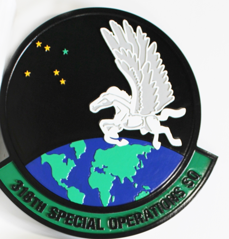 LP-3953 - Carved 2.5-D Multi-Level Raised Relief HDU Plaque of the Crest of the 318th Special Operations Squadron 