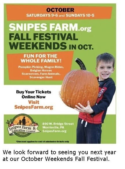 A small boy stands holding a very large pumpkin. Click on this image to buy tickets to the Snipes Farm and Education Center Fall Festival Weekend. Tickets are $10. Children under 3 are free!