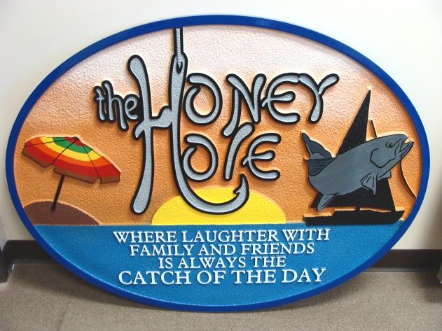 L21342 - Carved Beach House Sign "Honey Hole" with Fish and Sailboat