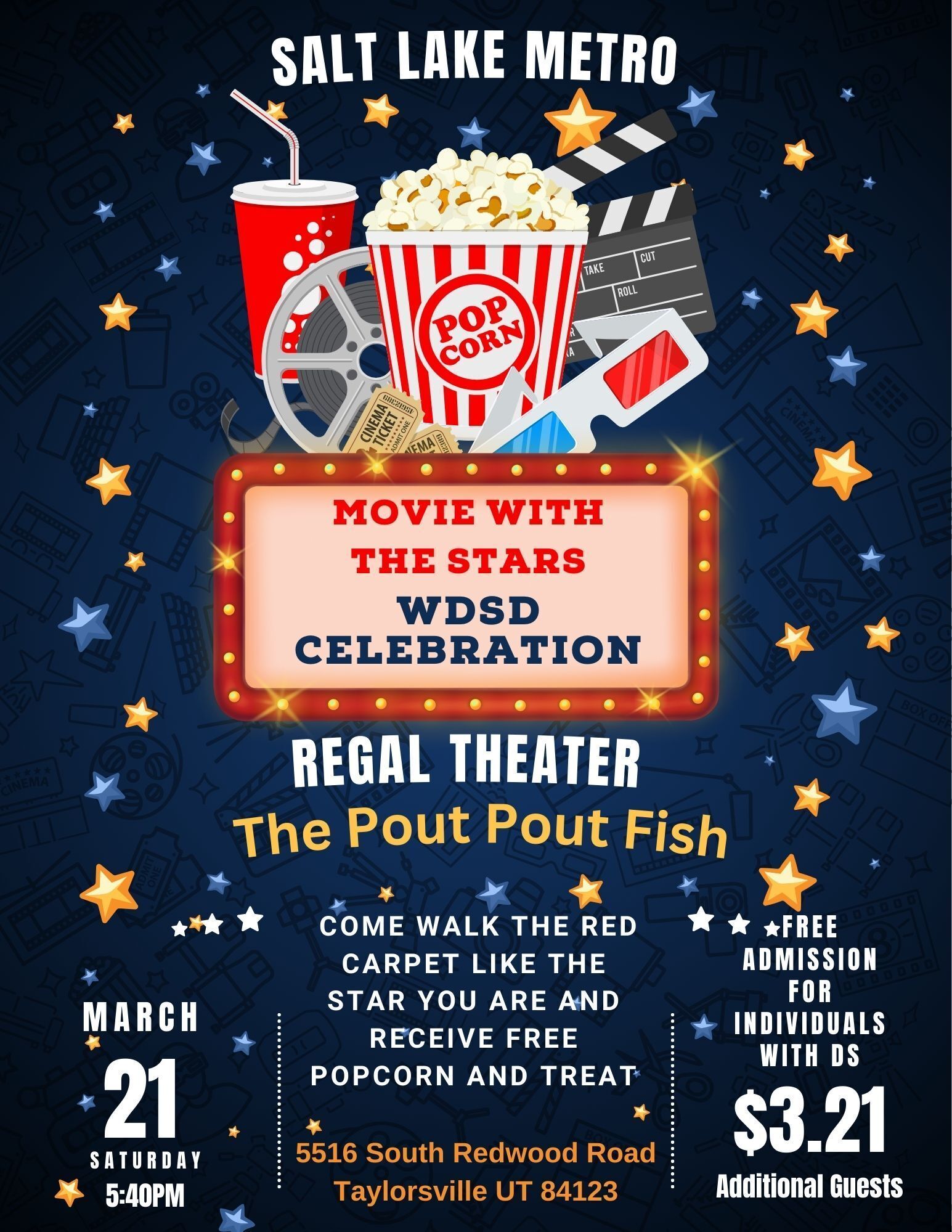 Red carpet movie night with popcorn and treats.