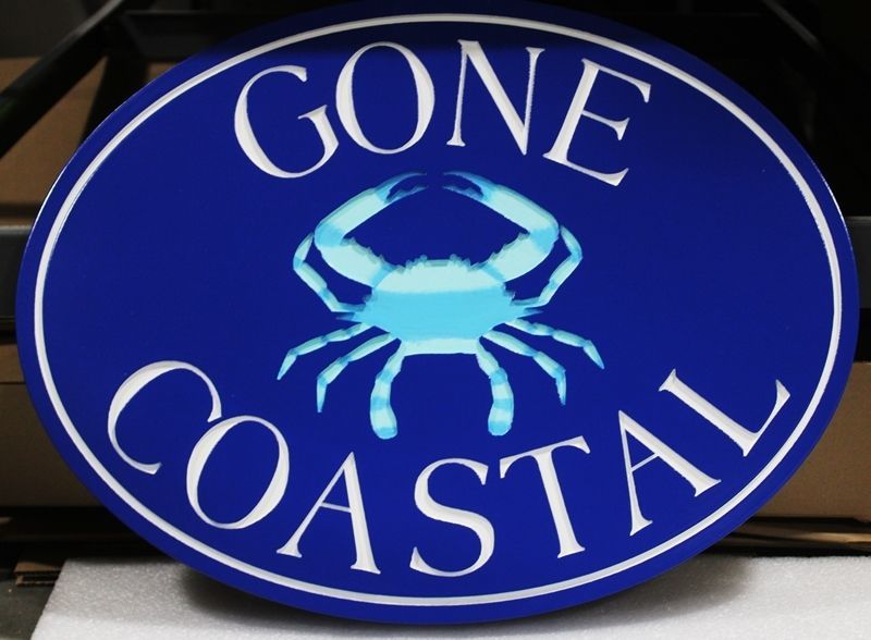 L21552 - Sea Coast Vacation Home Name Sign "Gone Coastal" with Blue Crab 