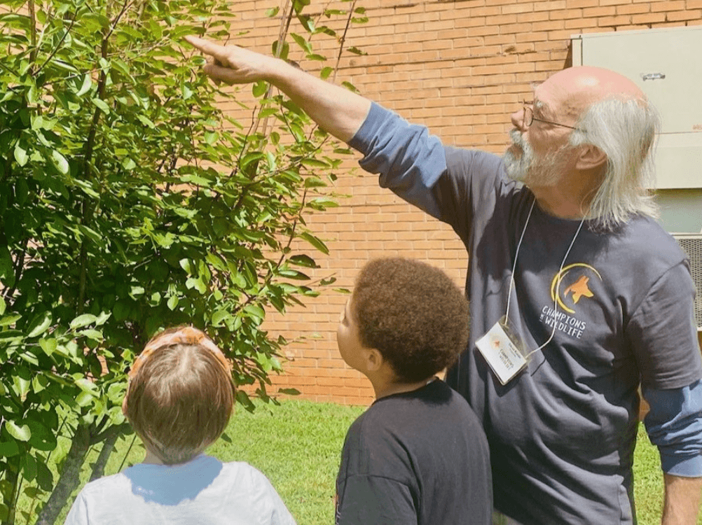 Volunteer sharing information about pollinators with students