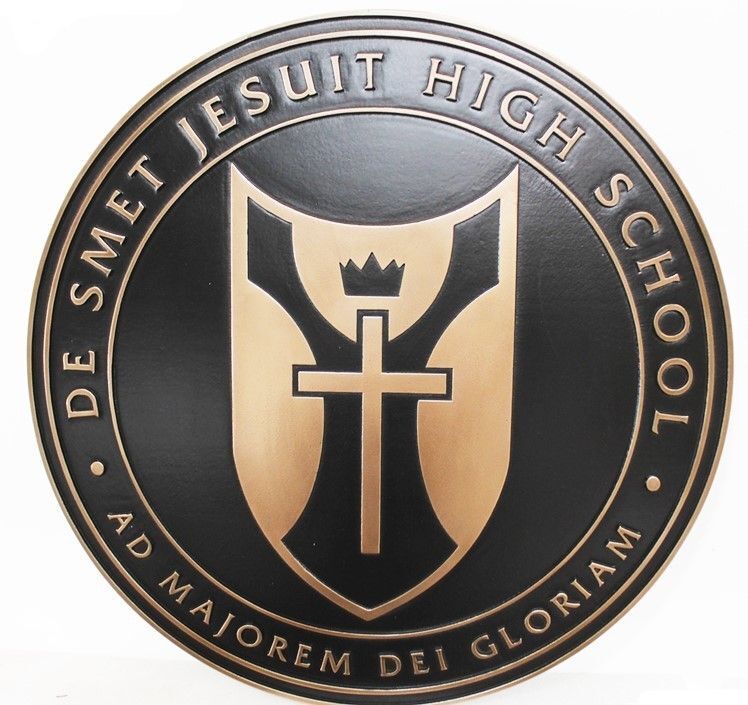 TP-1204 - Carved 2.5-D Raised Relief Bronze-Plated HDU Plaque of the Seal of  De Smet Jesuit High School, Denver, Colorado