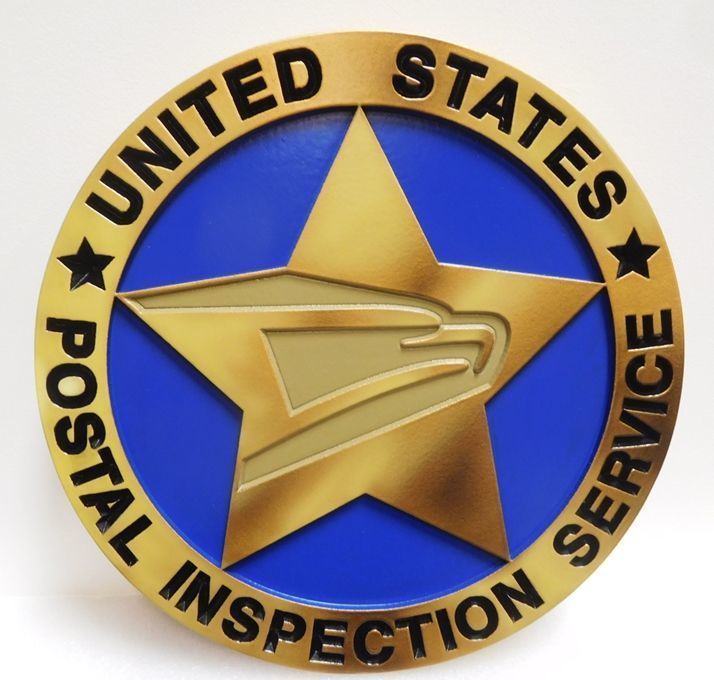 U30509 - Carved 2.5-D HDU Plaque of the Seal of the United States Postal Inspection Service, Painted in  Metallic Brass and Bronze Enamels