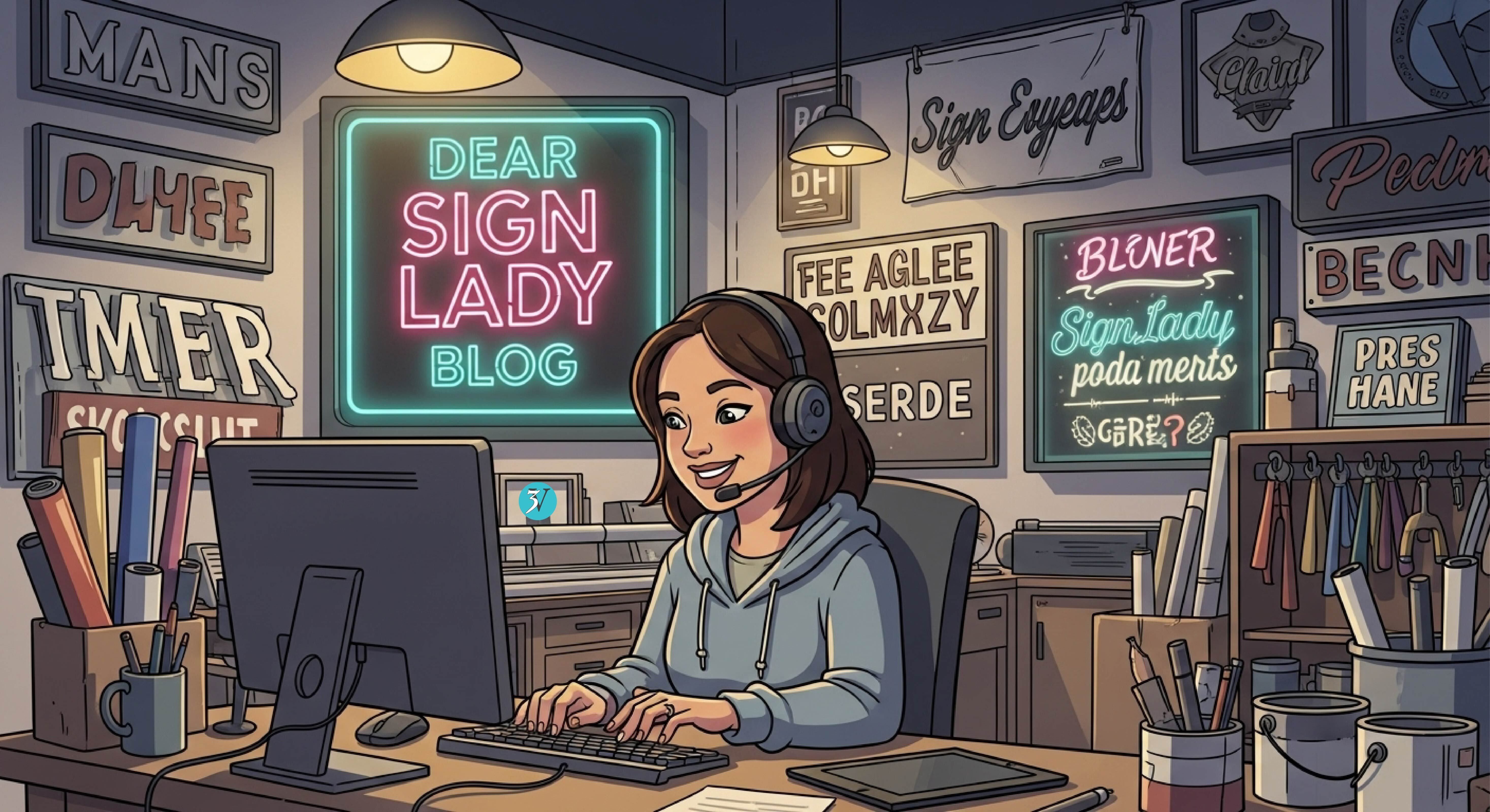 Dear Sign Lady sitting at computer 