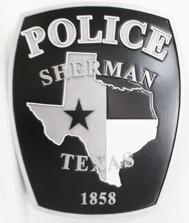 PP-2464 - Carved 2.5-D Multi-Level Relief  Plaque of the Shoulder Patch of a Police Officer of the City of Sherman, Texas 
