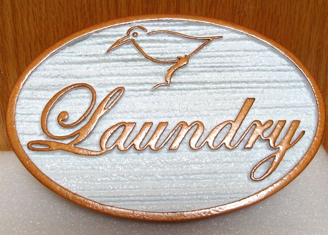 KA20620 - Carved Wood Grain HDU Sign for Laundry Room with Carved Silhouette of Seabird 