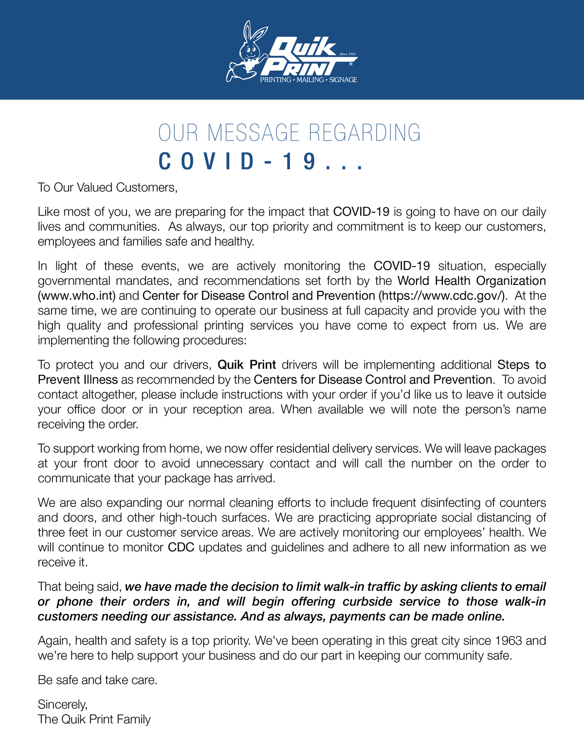 COVID-19 RESPONSE LETTER : About Us : Quik Print Of Austin, Inc.