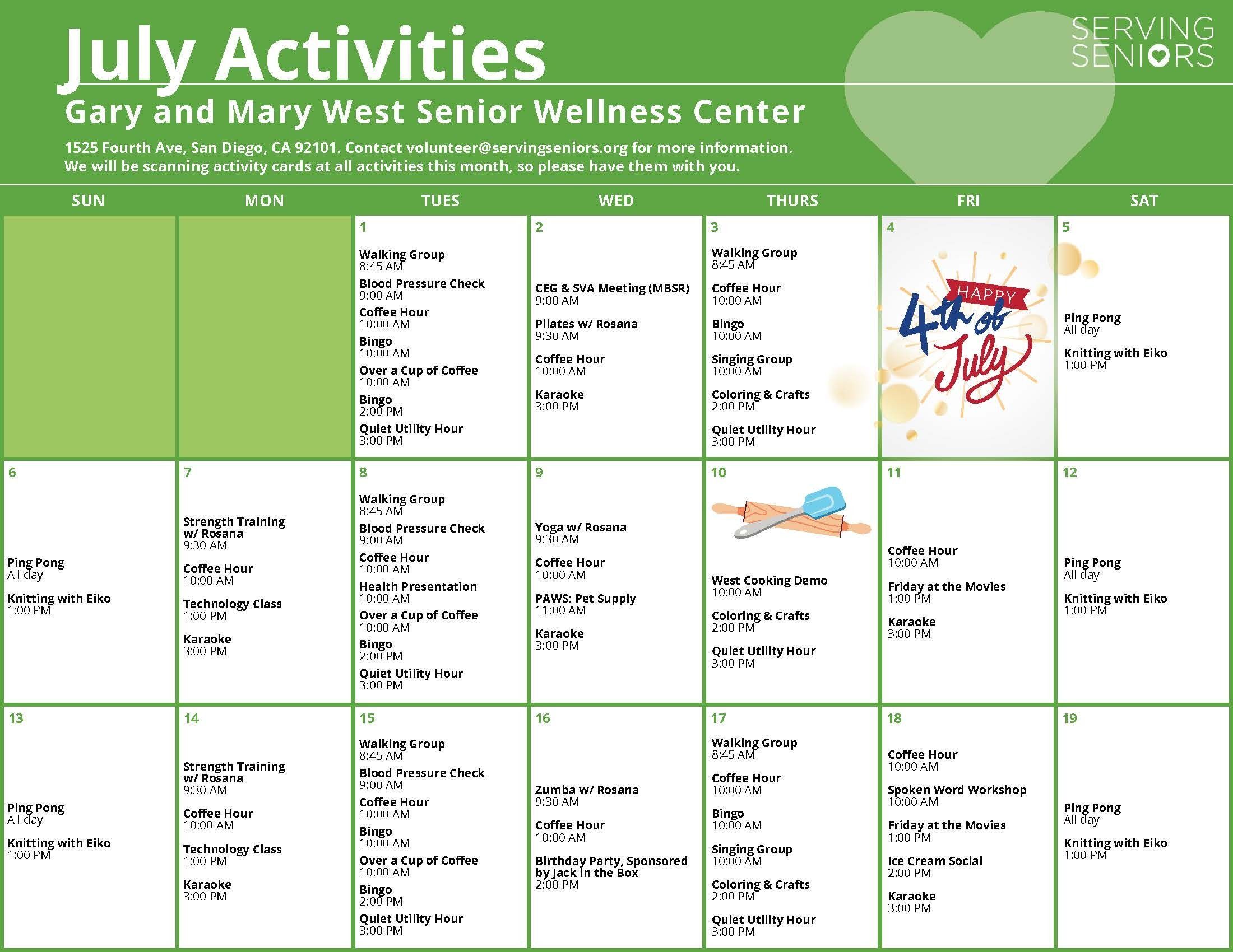Click to download the Gary and Mary West Senior Wellness Center July Activities Calendar