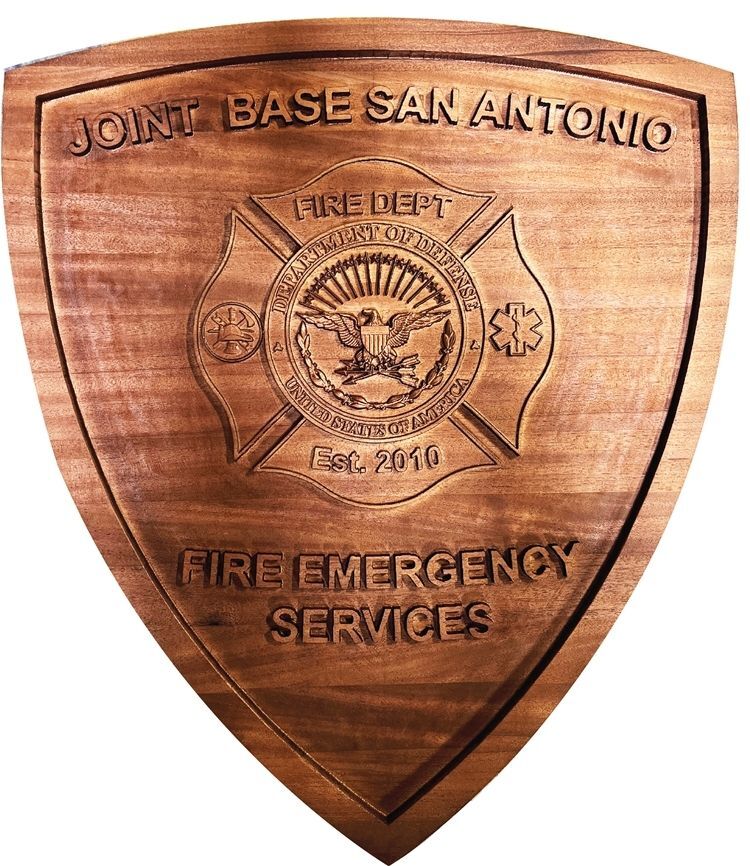 QP-2144 - Carved 3-D Bas-Relief Mahogany Plaque of Shoulder Patch of the Fire Department, Joint Base San Antonio, US Air Force 