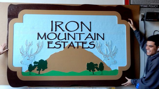 K20170 - Carved HDU Sign for "Iron Mountain Estates" Private Homes, Carved Mountain, Deer and Trees