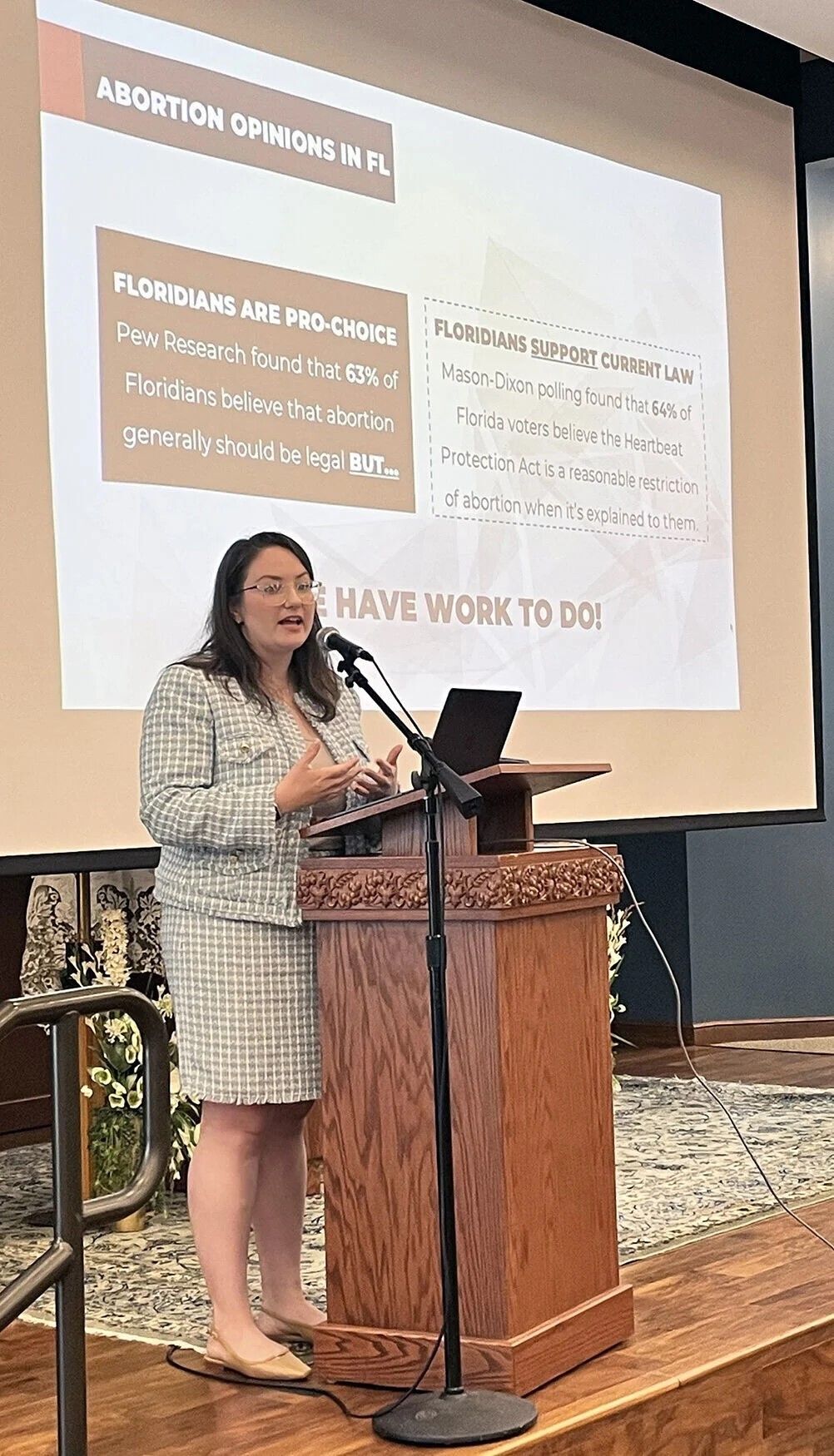 Sara Johnson, statewide director of Florida Voters Against Extremism, formerly known as Vote No on 4, speaks at the Cathedral of St. Ignatius Loyola on Sept. 17, 2025.