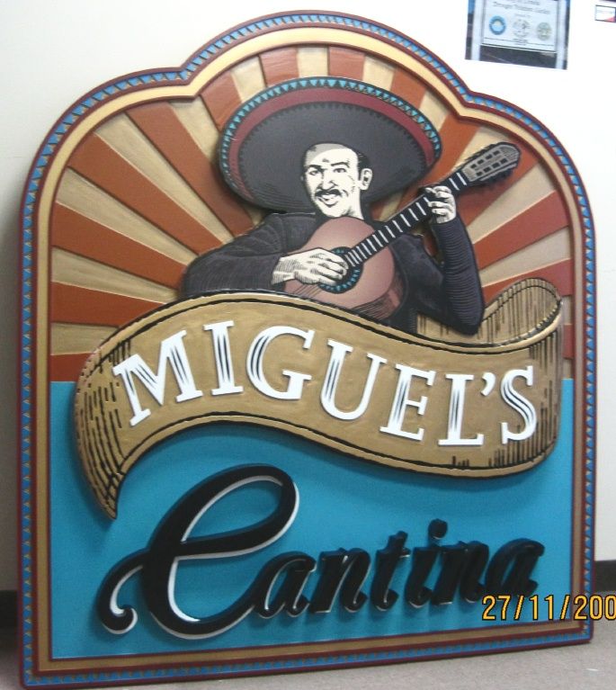 RB27158 - Carved Wood Mexican Cantina Sign with Singer