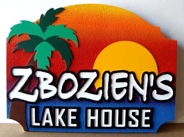 L21204 - Carved and Sandblasted HDU Lake House Sign, with Sunset, Lake and Palm Tree