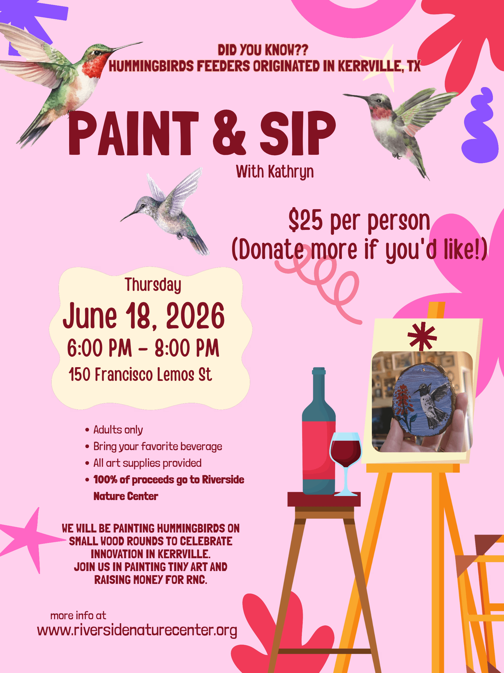 Paint and Sip, creative things to do in Kerrville, Kerrville events, Katherine Dover, hummingbirds,  Riverside Nature Center, Kerrville, TX, seeds, gleaning 