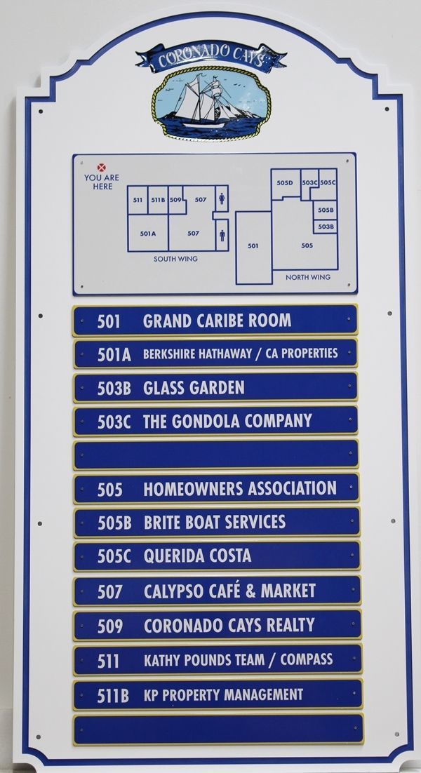 S28397 - Engraved HDU Business Directory and Map Sign for the Coronado Cays Homeowners Association Business Center, with Replaceable Nameplates 
