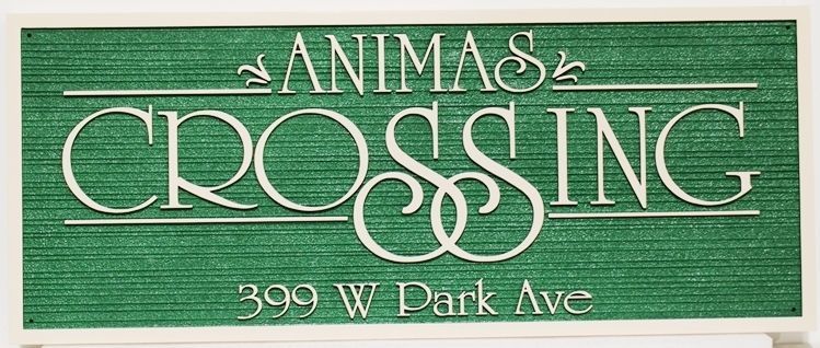 H17510 - Carved 2.5-D Raised Relief and Sandblasted Wood Grain HDU Sign for "Animas Crossing"