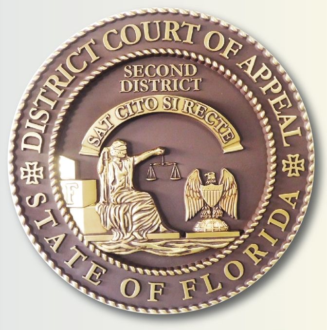 A10857 - Carved Courtroom Wall Plaque  for the District Court of Appeal of the State of Florida, 3-D Bas-Relief, Brass-Plated with Hand-Rubbed Bronze Paint in Background Areas  