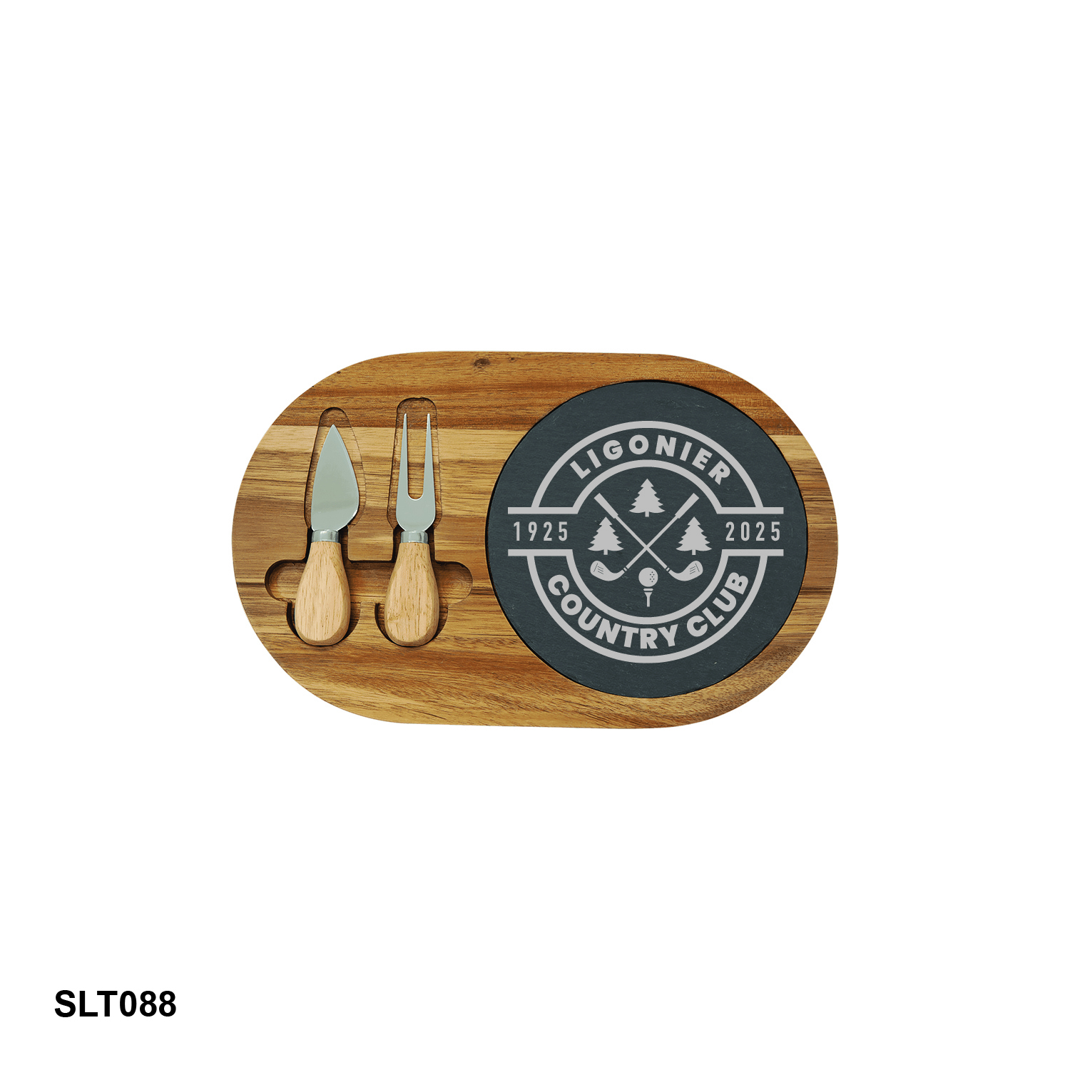 12 1/2" x 7 3/4" Acacia Wood/Slate Oval Cheese Set with Two Tools
