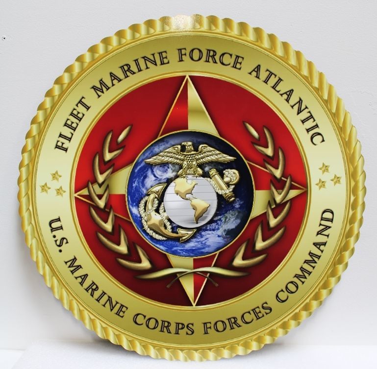 KP-2002 - Carved 3-D Bas-Relief HDU Plaque of the Crest of the Fleet Marine Forces Atlantic
