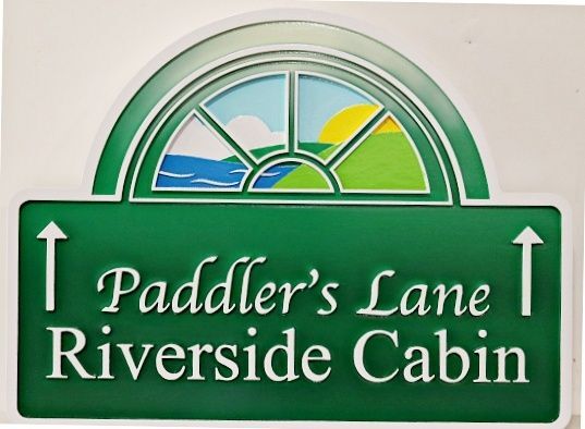 M22433 - Carved 2.5-D HDU Directional Sign for "Paddler's Lane Riverside Cabin" with Artwork