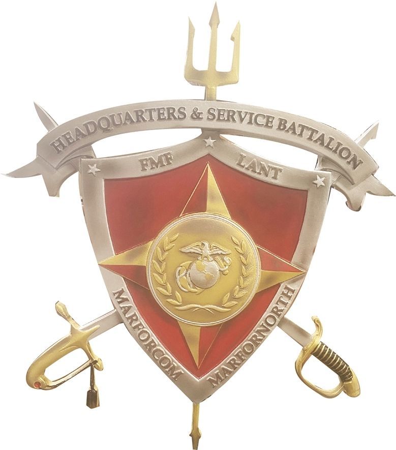 KP-2017 - Carved 3-D Bas-Relief HDU Plaque of the Crest  of the Headquarters and Service Battalion, MARFORCOM & MARFORCOM NORTH 