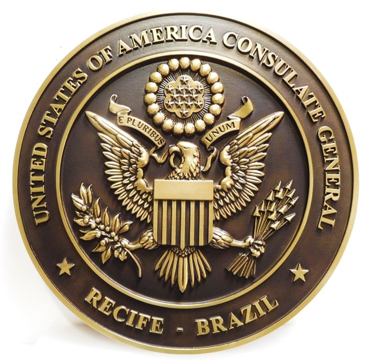 AP-3770- Carved Plaque of the Seal of the United States Consulate General, Recife, Brazil, Brass-Plated with Dark Patina