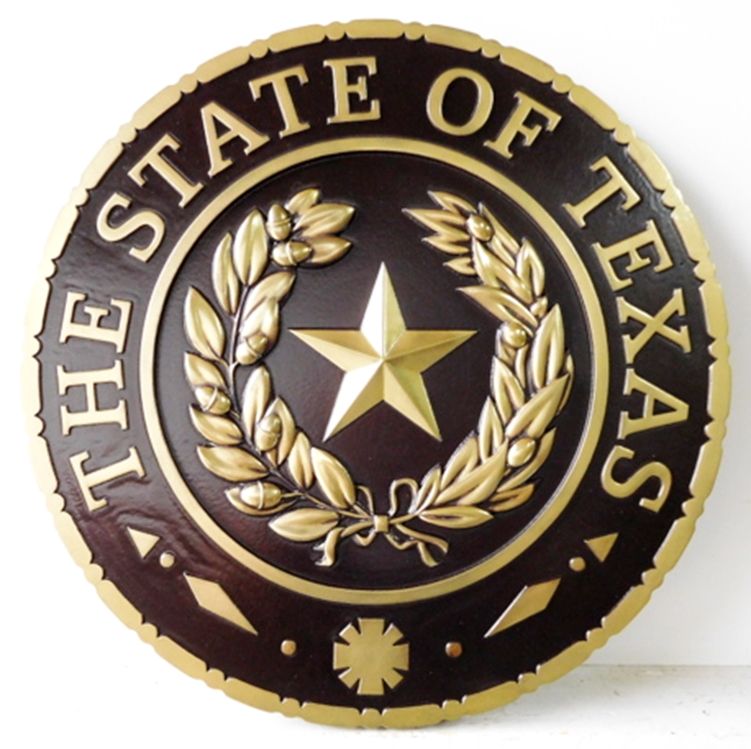W32456 -  Brass 3-D Wall Plaque of the Great Seal of the State of Texas, with Black Hand-Rubbed Paint
