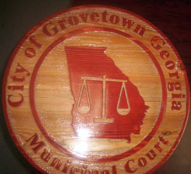 M3948 - Carved Cedar Wood Municipal Court Plaque for Grovetown GA with Scales of Justice and Outline Map of Georgia (Galleries 10 and 32)